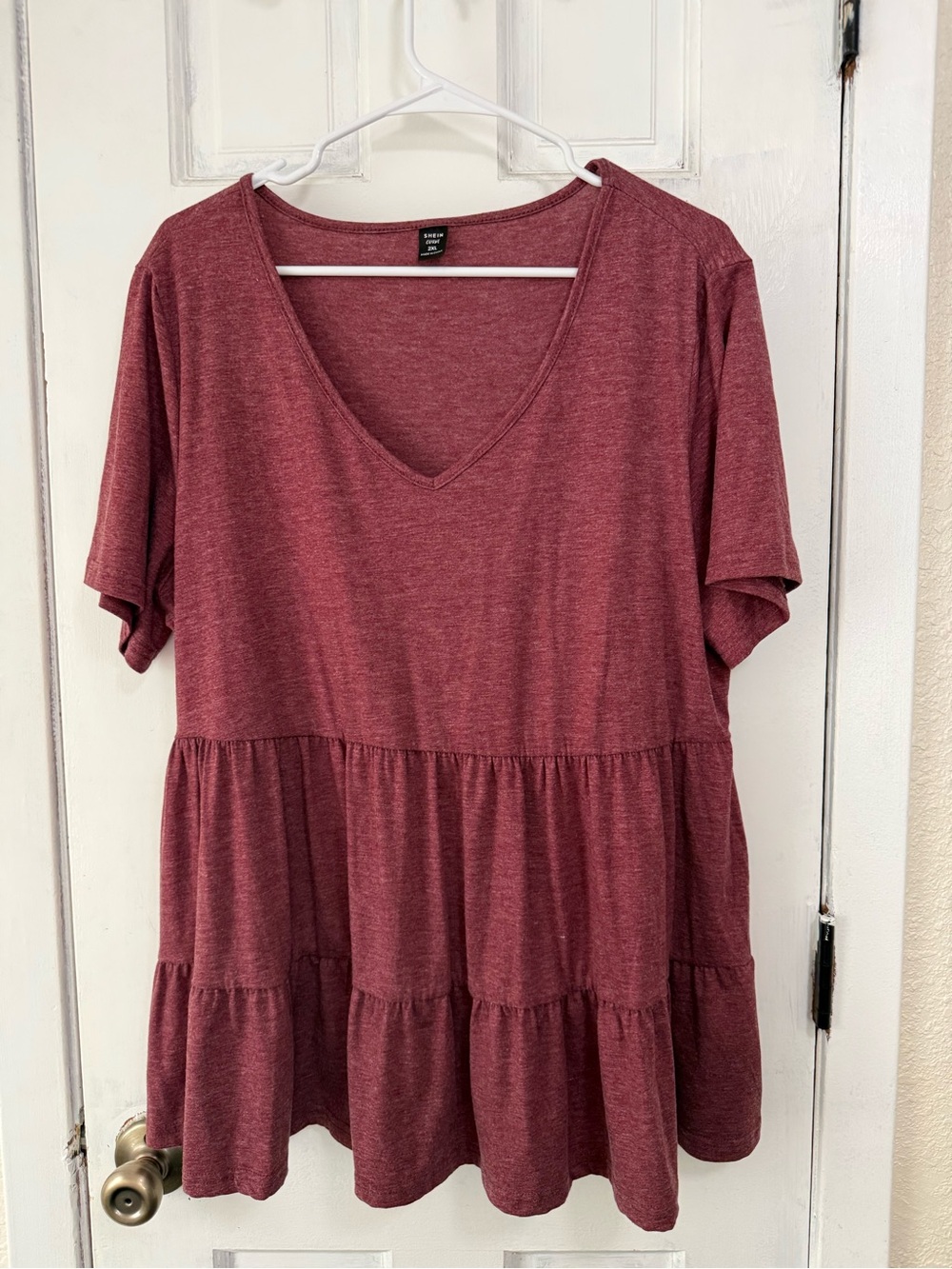 SHEIN Burgundy V-Neck Tiered Short-Sleeve Top